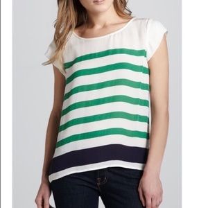 Joie Terry Green & Navy Striped Silk Blouse